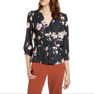 Halogen Wrap Front Floral Peplum Top Blouse Size Large